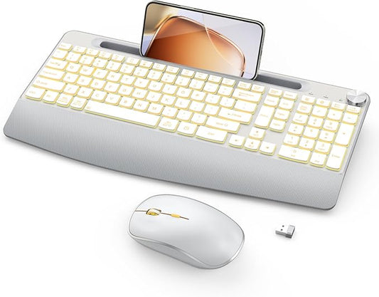 JOYACCESS Ergonomic Wireless Keyboard with Phone Holder,Rechargeable Backlt Wireless Keyboard Mouse Combo with Light Up Keys for for Laptop, PC, Mac, Windows-Silver White