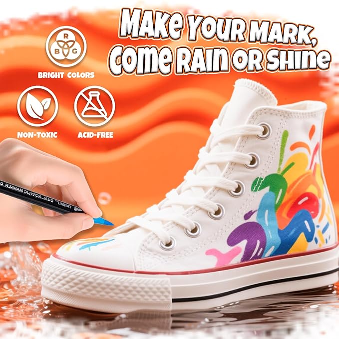 30 Colors Acrylic Paint Markers, Dual Tip Acrylic Paint Pens with Fine Tip and Brush Tip for Rock Painting, Ceramic, Wood, Plastic, Calligraphy, Scrapbooking, Brush Lettering, Card Making, DIY Crafts