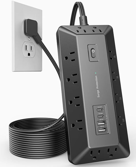 16 in 1 Surge Protector Power Strip with 4 USB (2 USB C) and 12 AC Outlets Extender, 6 Ft Flat Plug Extension Cord, Cable Management Outlets for Home Office and Dorm Rooms (Black)