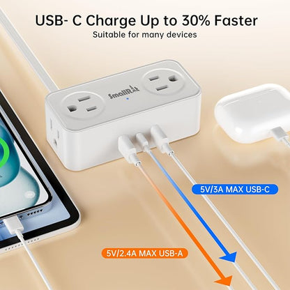 10Ft Power Strip with Surge Protector, 4 Outlets 3 USB Ports Extension Cord, Flat Plug Charging Station for Home Office Desk & College Dorm Essentials, White