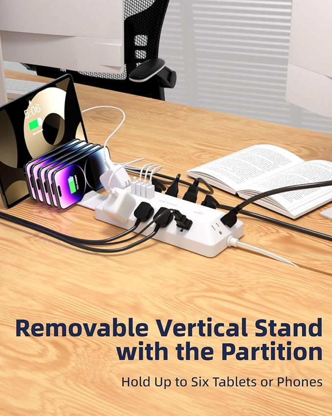 16 in 1 Surge Protector Power Strip with 4 USB (2 USB C) and 12 AC Outlets Extender, 6 Ft Flat Plug Extension Cord, Cable Management Outlets for Home Office and Dorm Rooms (White)