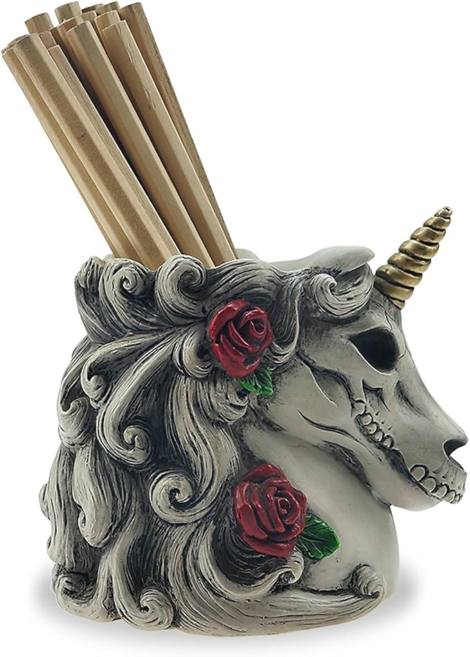 Gothic Unicorn Skull Makeup Brush/Pen Holder-Unicorn Gift for Women Adults Halloween Decor Day Dead Inspired Goth Accessory for Home