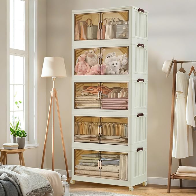 Garvee 475QT Stackable Storage Bins, Plastic Bins for Storage with Lids, Plastic Storages Drawers with Magnetic Doors & Wheels, Foldable Collapsible Closet Organizers for Home, Dorm, Office, White