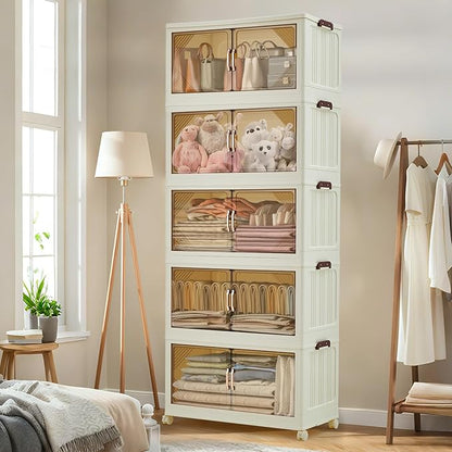 Garvee 630QT Stackable Storage Bins, Plastic Bins for Storage with Lids, Plastic Storages Drawers with Magnetic Doors & Wheels, Foldable Collapsible Closet Organizers for Home, Dorm, Office, White