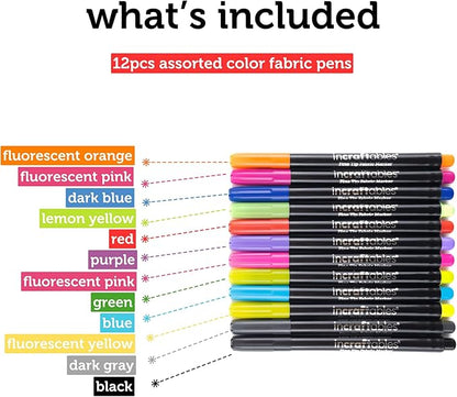 Incraftables Fabric Markers - 12 Pack Permanent Non-Bleed Markers for Clothes, Kids Crafts, Canvas Tote Bags, Quilting, & More - Vibrant Fabric Paint Pens