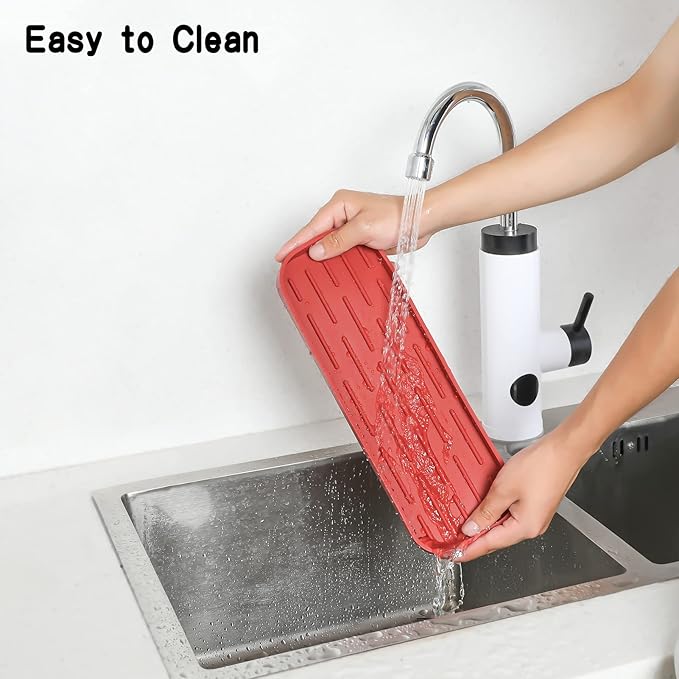 Silicone Kitchen Sink Organizer Tray for Multiple Usage,Eco-Friendly Sponges Holder for Kitchen Bathroom Counter or Sink,Dish Soap Dispenser,Scrubber,Bottle,Cup (Red, 12"×4")