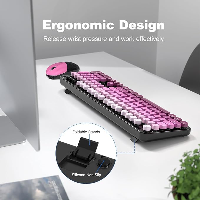 MOFII Wireless Keyboard and Mouse Combo, Full Size 2.4G Plug and Play Typewriter Retro Round Computer Keyboard and Mouse Set for Windows, Computer, Desktop, PC, Notebook - (Black Pink Gradient)