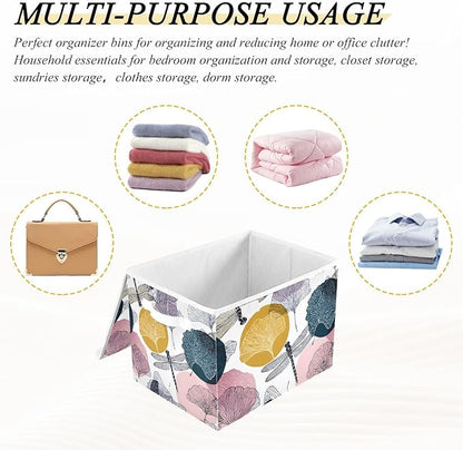 Dragonfly Storage Bins Box with Lids Collapsible Fabric Storage Basket Lidded Cube Storage Containers for Organizing Shelves Closet Office