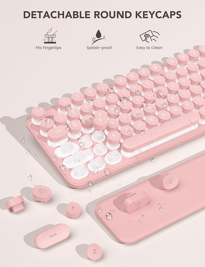 Wireless Keyboard and Mouse Backlit - Typewriter Keyboard with Retro Round Keycaps, Detachable Wrist Rest, Light Up Letters, 2.4G Rechargeable Combo for Mac, Windows, PC, Laptop, Trueque (Pink)