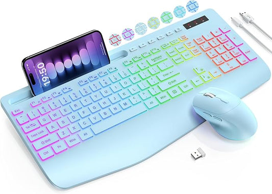 Wireless Keyboard and Mouse Combo, 9 Backlit Effects, Wrist Rest, Phone Holder, 2.4G Lag-Free Ergonomic Keyboards, Rechargeable Silent Cordless Set for Computer, Laptop, Mac, Windows -SABLUTE (Blue)