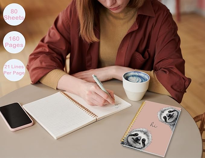 Sloth Notebook Journal,Pink Cute Animal Notebook Journal for School Women Teen Girls Kids,Gifts for Sloth Lovers,Hardcover Spiral Notebooks for Work Notes Journaling,5.5x8.3 Inch