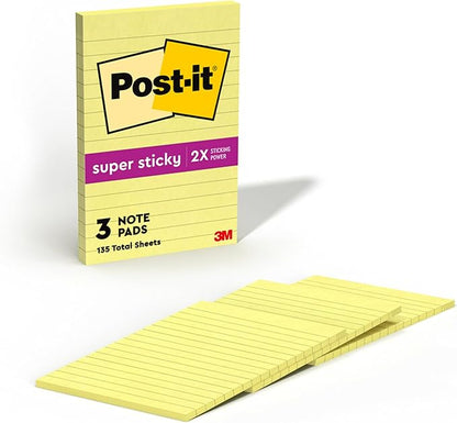 Post-it Super Sticky Notes, 4x6 in, 4 Pads, 2X The Sticking Power, Canary Yellow, Recyclable (4621-SSCY)