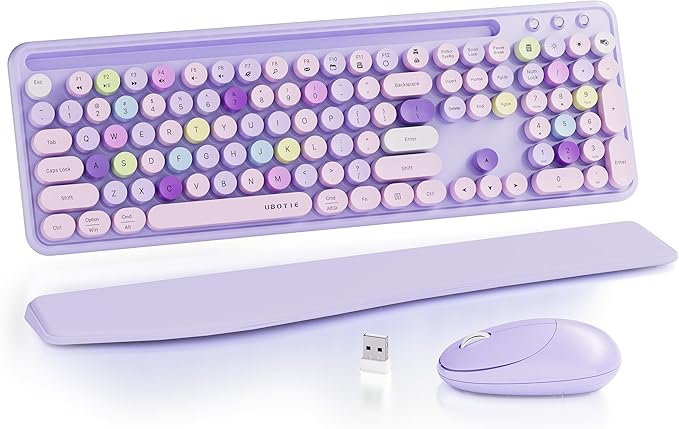 UBOTIE Wireless Keyboard and Mouse Combo with Phone Holder Wrist Rest, Round Colorful Keys, Power Switches, 2.4GHz USB Receiver, Full-Size QWERTY Layout for PC Laptop(Purple Colorful)