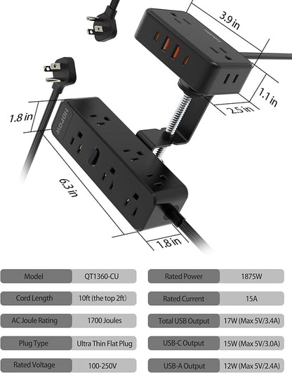 Dual Layer Desk Clamp Power Strip, Desktop Edge Mount Charging Station with 13 Outlets 4 USB Ports (2 USB C), Under Desk Surge Protector(1700 Joules), 10 Ft Extension Cord for Office Home