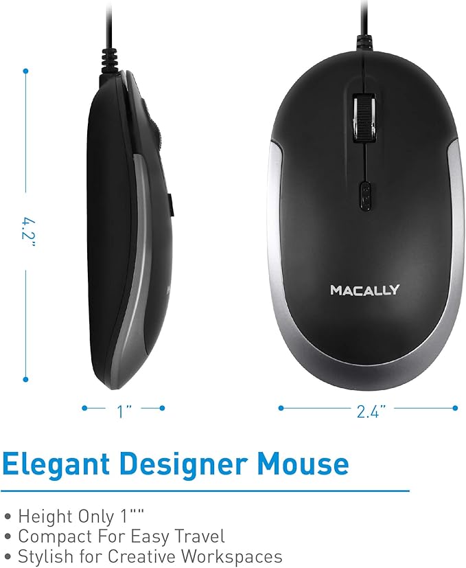 Macally USB Type C Mouse - Slim & Compact Design - USB C Mouse for MacBook Pro iMac PC etc. - Simple 3 Button & Scroll Wheel Layout with DPI Switch - Comfortable Plug & Play Apple Wired Mouse USBC
