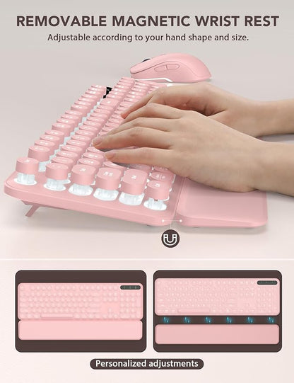Wireless Keyboard and Mouse Backlit - Typewriter Keyboard with Retro Round Keycaps, Detachable Wrist Rest, Light Up Letters, 2.4G Rechargeable Combo for Mac, Windows, PC, Laptop, Trueque (Pink)