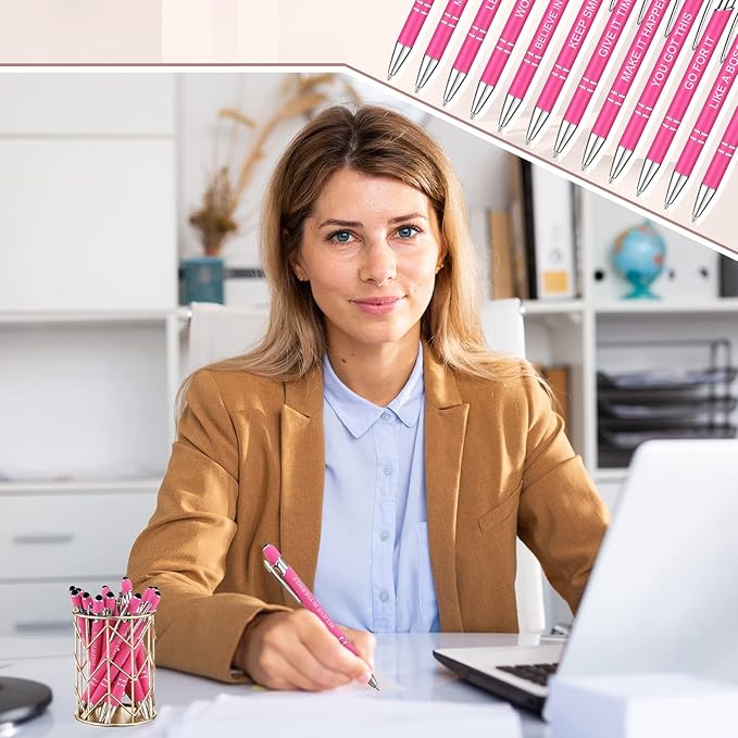 Zonon 12 Pcs Inspirational Pens Bulk Funny Ballpoint Pen with Stylus Tip Motivational Gifts for Christmas Teacher Coworkers Nurse School Office Supplies(Pink,Boss Lady)