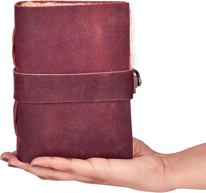LEATHER VILLAGE Leather Bound Vintage Journal for Women & Men - Book of Shadows - Lock Closure - 200 Pages of Antique Deckle Edges Handmade Paper - Fuchsia Color - 7 x 5 inches