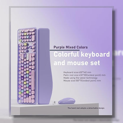 UBOTIE Wireless Keyboard and Mouse Combo with Phone Holder Wrist Rest, Round Colorful Keys, Power Switches, 2.4GHz USB Receiver, Full-Size QWERTY Layout for PC Laptop(Purple Colorful)