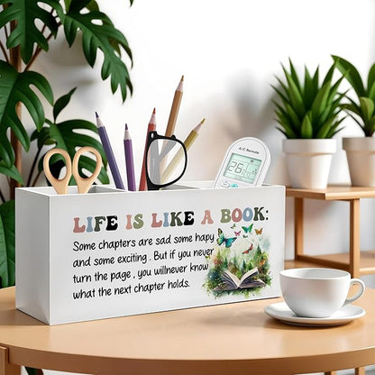 Inspirational Pencil Pen Holder for Desk, Life Is Like A Book Wooden Pencil Holder Organizer for Home Office Library Desk Accessories, Encouragement Gifts for Women