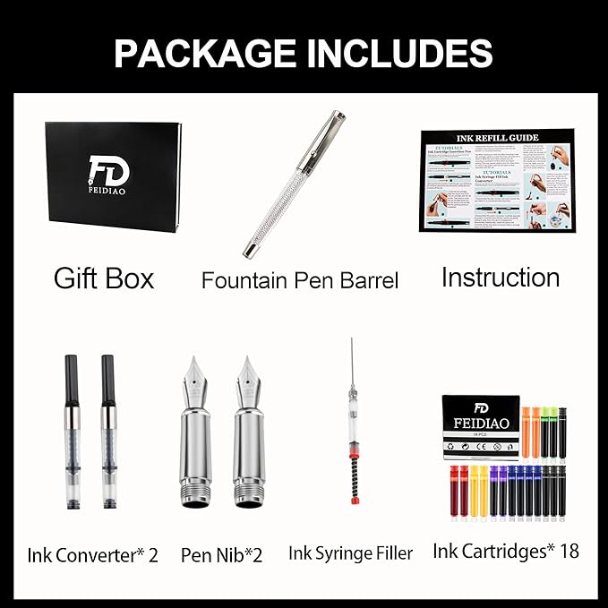 FEIDIAO Calligraphy Fountain Pen Set Deluxe Pen for Writing with 18 Ink Cartridges,Replacement Fine Nib,Ink Converter,Syringe Filler,Calligraphy Pen for Beginner Men Women