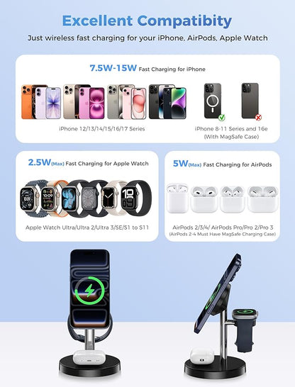 2026 3 in 1 Wireless Charging Station Compatible with MagSafe, 15W Fast Magnetic Mag-Safe Charger Stand for Apple iPhone 17 16 15 14 13 12 Series iWatch AirPods Pro 4 3 2, SilverBlack