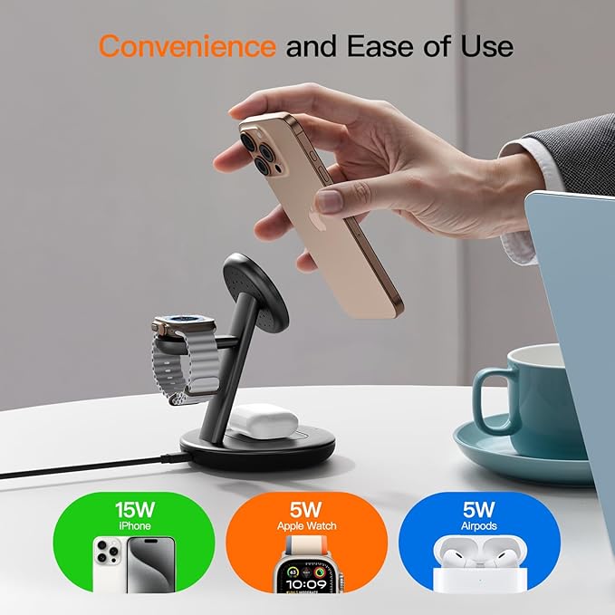 2025 Apple 5W Fast iWatch Charging,3 in 1 Charging Station for Apple Devices,Mag-Safe Charger Stand,Wireless Charger for iPhone 17/16/15/14/13/12 Series,& AirPods（Black）