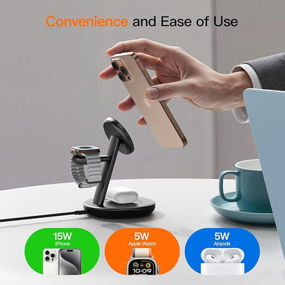 2025 Apple 5W Fast iWatch Charging,3 in 1 Charging Station for Apple Devices,Mag-Safe Charger Stand,Wireless Charger for iPhone 17/16/15/14/13/12 Series,& AirPods（Black）