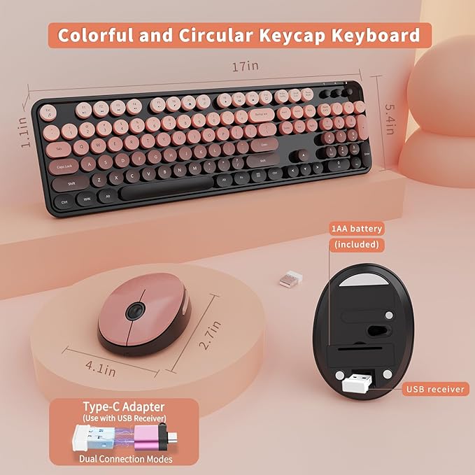 Wireless Keyboard and Mouse Combo, Ergonomic Full Size Typewriter Retro Round Keycaps Keyboard, Compatible with Windows, PC, Perfer for Home and Office Keyboards (Aurora Red)