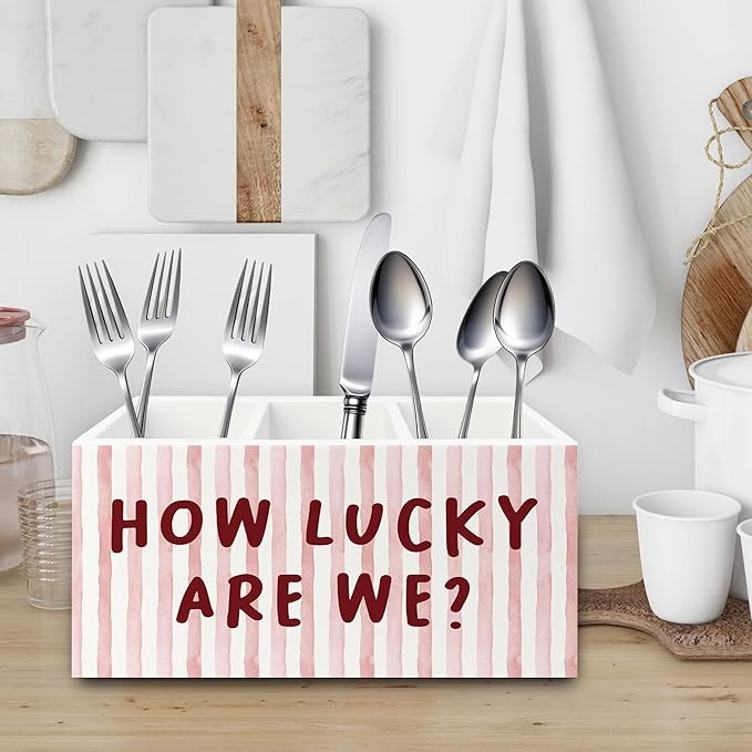 Pink Inspirational Pen Pencil Holder Organizer for Desk, Thank You Gifts for Women, Pink Striped How Lucky Are We Motivational Wooden Box Sign for Home Office Desk Tabletop Decorations