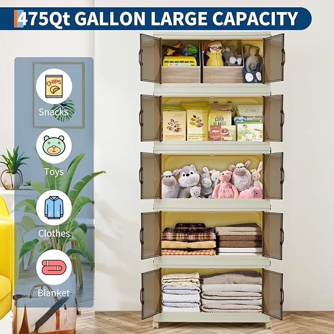 Garvee 475QT Stackable Storage Bins, Plastic Bins for Storage with Lids, Plastic Storages Drawers with Magnetic Doors & Wheels, Foldable Collapsible Closet Organizers for Home, Dorm, Office, White