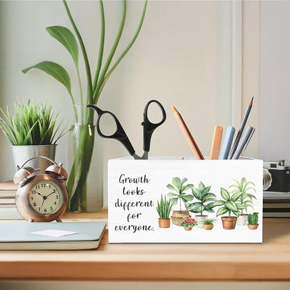 Mental Health Pen Holder for Desk, Growth Looks Different for Everyone Wooden Box Sign Desk Decor for Home Office Classroom Decoration, Botanical Inspirational Pencil Organizer