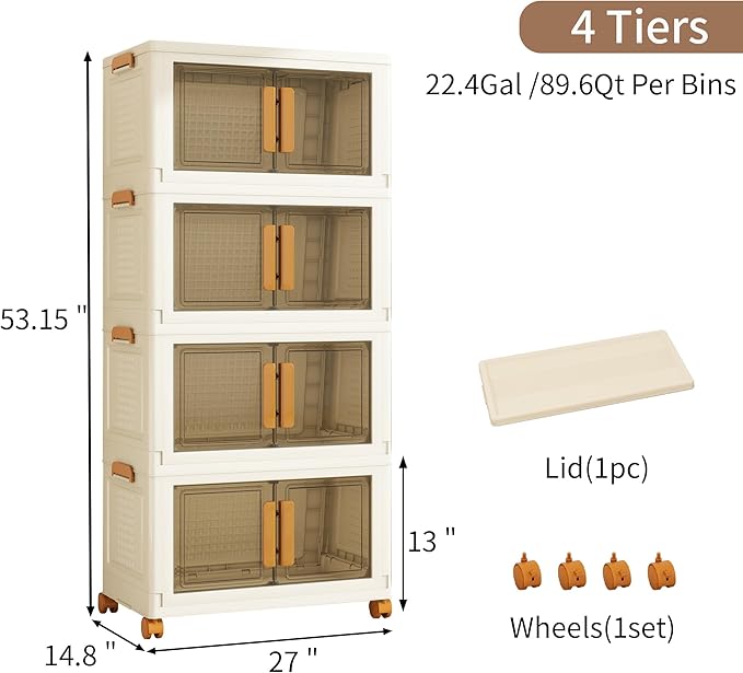 Plastic Stackable Storage Bins with Lids and Wheels, Foldable Closet Organizers and Storage Containers, Collapsible Clear Drawer Storage Cabinet with Doors Ivory White 358.4 QT