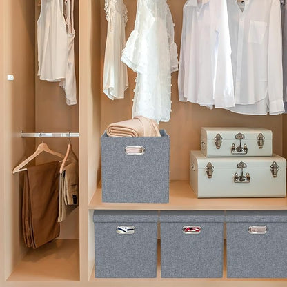 Storage Bins with Lids, Collapsible Linen Fabric Boxes Organizer Containers with Lid Foldable Storage Box Basket for Closet, Shelves, Home, Office, 12 x 12 x 12.4 Inch, 4 Pack, Dark Gray