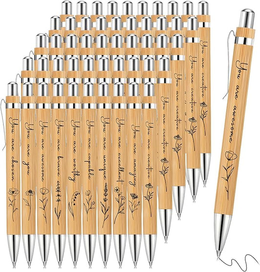 30 Pcs Inspirational Bamboo Pens Flower Ballpoint Pens Bulk with Black Ink Employee Appreciation Thank You Gift for Women Men Coworker Staff Christmas School Office Party Favors Supplies