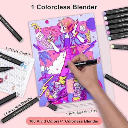 Soucolor Alcohol Markers Set, 100 Colors Dual Tip Brush Art Alcohol Markers, School Office Teacher Supplies for Kids and Adults Coloring Drawing Sketching Book Painting Card Making Illustration