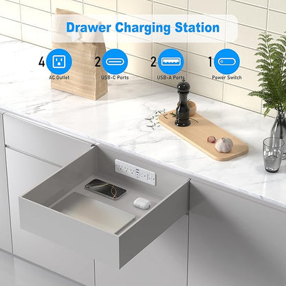 65W USB C Recessed Power Strip, Flush Mount Desktop Recessed Outlet with 4AC & 2 PD GaN USB C & 2 USB-A Ports, Furniture Hidden Drawer Fast Charging Station for Home Office