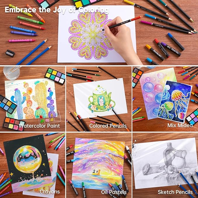 Shuttle Art 149 Piece Deluxe Art Set, Art Supplies in Wooden Case, Painting Drawing Art Kit with Crayons Colored Pencils Oil Pastels Watercolor Cakes Coloring Book Sketch Pad for Kids Adults