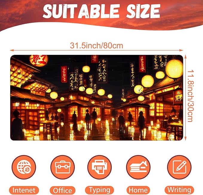 Desk Mat, City Lantern Night Scene Desk Pad, Japanese Traditional House Large Gaming Mouse Pad, 31.5"x15.7" Extended Big Keyboard Mouse Pad with Non-Slip Base and Stitched Edge