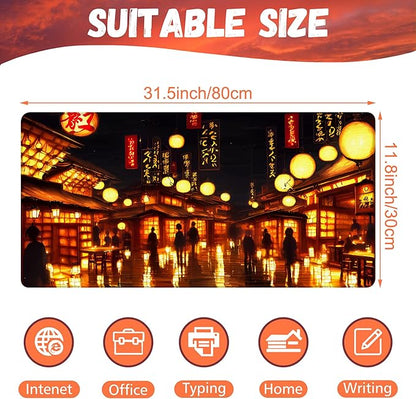 Desk Mat, City Lantern Night Scene Desk Pad, Japanese Traditional House Large Gaming Mouse Pad, 31.5"x15.7" Extended Big Keyboard Mouse Pad with Non-Slip Base and Stitched Edge