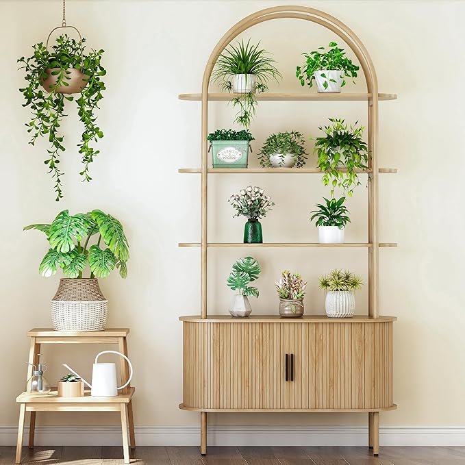 79" Tall Arched Bookshelf with Sliding Tambour Doors, Mid Century Modern Curved Bookcase Cabinet with Storage, 4-Tier Open Display Storage Shelf for Home Office, Living Room (Natural, 79inch)