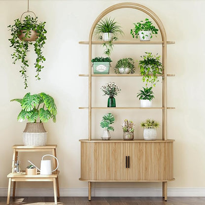 79" Tall Arched Bookshelf with Sliding Tambour Doors, Mid Century Modern Curved Bookcase Cabinet with Storage, 4-Tier Open Display Storage Shelf for Home Office, Living Room (Natural, 79inch)
