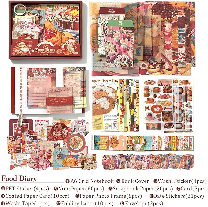Scrapbooking Supplies Kit: Vintage Aesthetic Scrapbook Kit, Junk Journal Supplies with Scrapbook Stickers Paper, Journaling Supplies, Birthday Craft Gift for Adult Teen Girls Kid, Food Diary