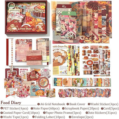 Scrapbooking Supplies Kit: Vintage Aesthetic Scrapbook Kit, Junk Journal Supplies with Scrapbook Stickers Paper, Journaling Supplies, Birthday Craft Gift for Adult Teen Girls Kid, Food Diary
