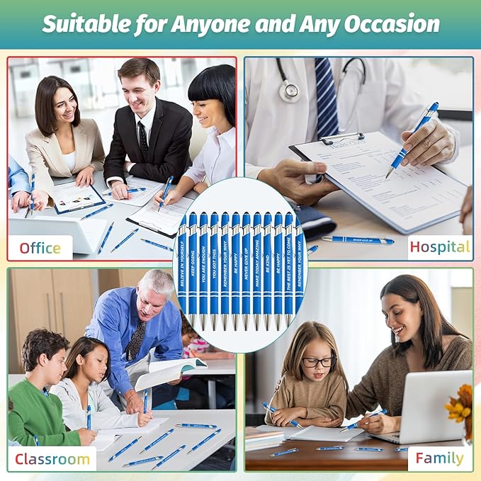 60 Piece Inspirational Pens Kit with Stylus Tip & Sayings – 30 Motivational Pen + 30 Individual Bags – Uplifting Quote & Positive Ideas – For Teachers, Office, School, Meetings, Team Events(Blue)