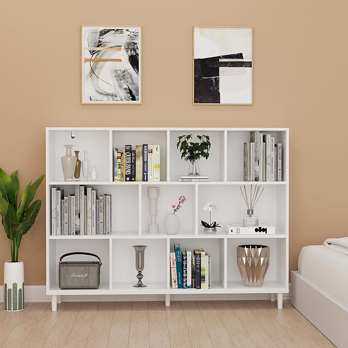 Wood Cube Storage Organizer White Bookshelf - 3-Tier Freestanding Storage Cabinet with Legs for Home Office, 11-Cubes Open Shelf