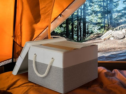 LoforHoney Home Fabric Storage Bins with Lids for Organizing, Foldable Closet Storage Boxes for Shelves, Clothes Baskets with Cotton Rope Handles, XLarge, Beige & Gray, 4-Pack