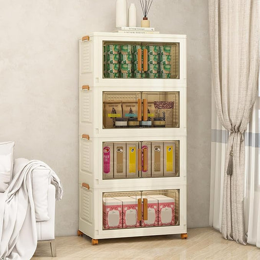 Plastic Stackable Storage Bins with Lids and Wheels, Foldable Closet Organizers and Storage Containers, Collapsible Clear Drawer Storage Cabinet with Doors Ivory White 358.4 QT