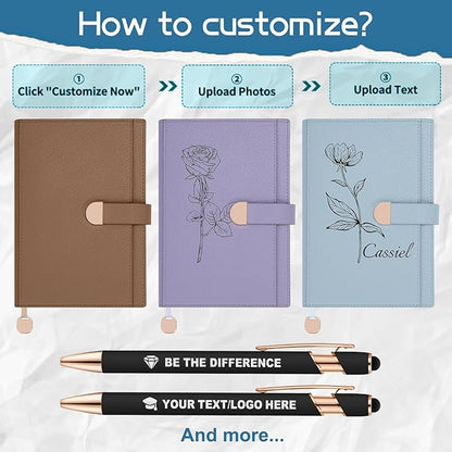 ENOMY Personalized A5 Notebook Set 300 Pages Custom Notebook PU Leather Personalized Journal with Storage Pocket for Writing College Office Business Gift, Purple