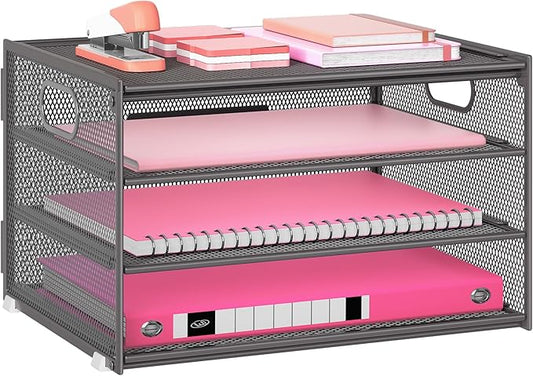 Lavatino 3-Tier Letter Tray Desk Organizer, Mesh Metal Paper File Tray Organizer for Desk, Office Supplies & Home Organization, Fits A4 Paper, Mail, Magazines & Office Accessories (Grey with Handle)